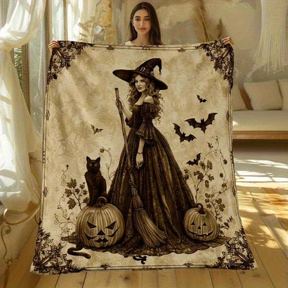 Halloween Witch Throw Blanket Spooky Fall Decor Gothic Pumpkin Bat Cat Seasonal Nightmare Party Cozy Winter Holiday Gift Throw