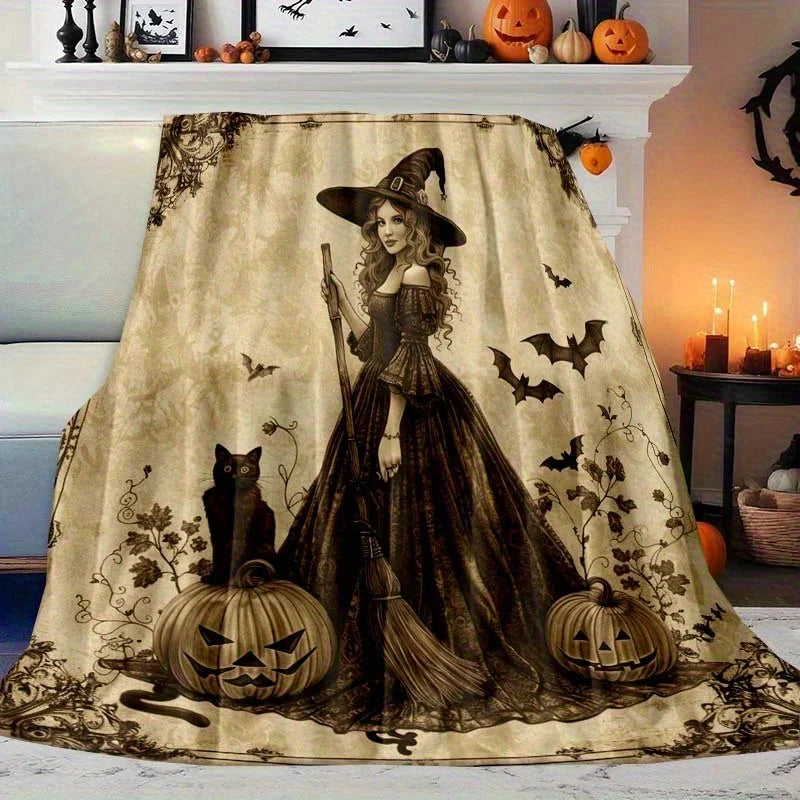 Halloween Witch Throw Blanket Spooky Fall Decor Gothic Pumpkin Bat Cat Seasonal Nightmare Party Cozy Winter Holiday Gift Throw