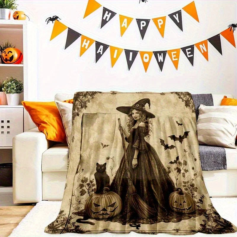 Halloween Witch Throw Blanket Spooky Fall Decor Gothic Pumpkin Bat Cat Seasonal Nightmare Party Cozy Winter Holiday Gift Throw
