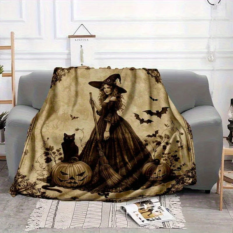Halloween Witch Throw Blanket Spooky Fall Decor Gothic Pumpkin Bat Cat Seasonal Nightmare Party Cozy Winter Holiday Gift Throw