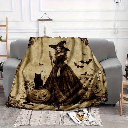 Halloween Witch Throw Blanket Spooky Fall Decor Gothic Pumpkin Bat Cat Seasonal Nightmare Party Cozy Winter Holiday Gift Throw