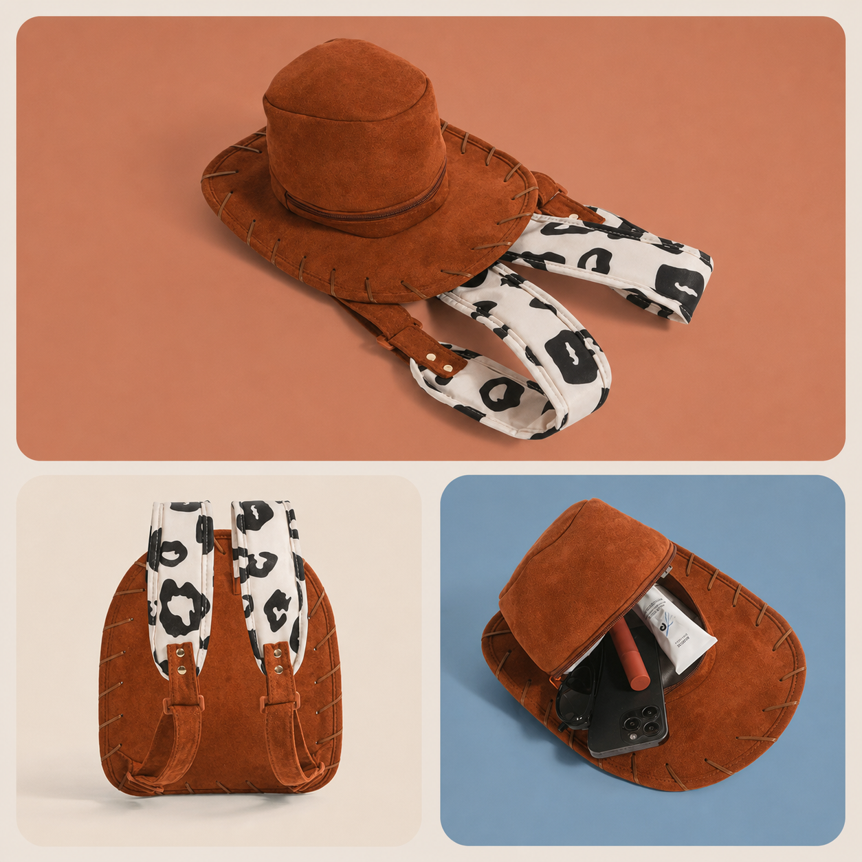 Saddlewink cowgirl hat backpack shown from multiple angles