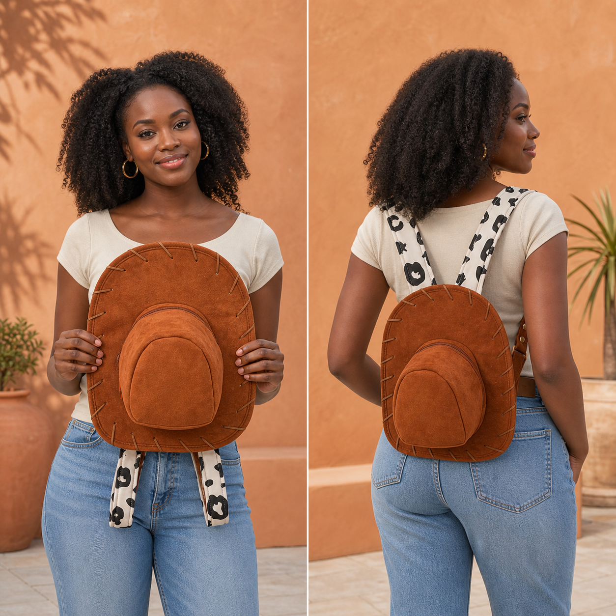 Adult model holding and wearing the Saddlewink cowgirl hat backpack