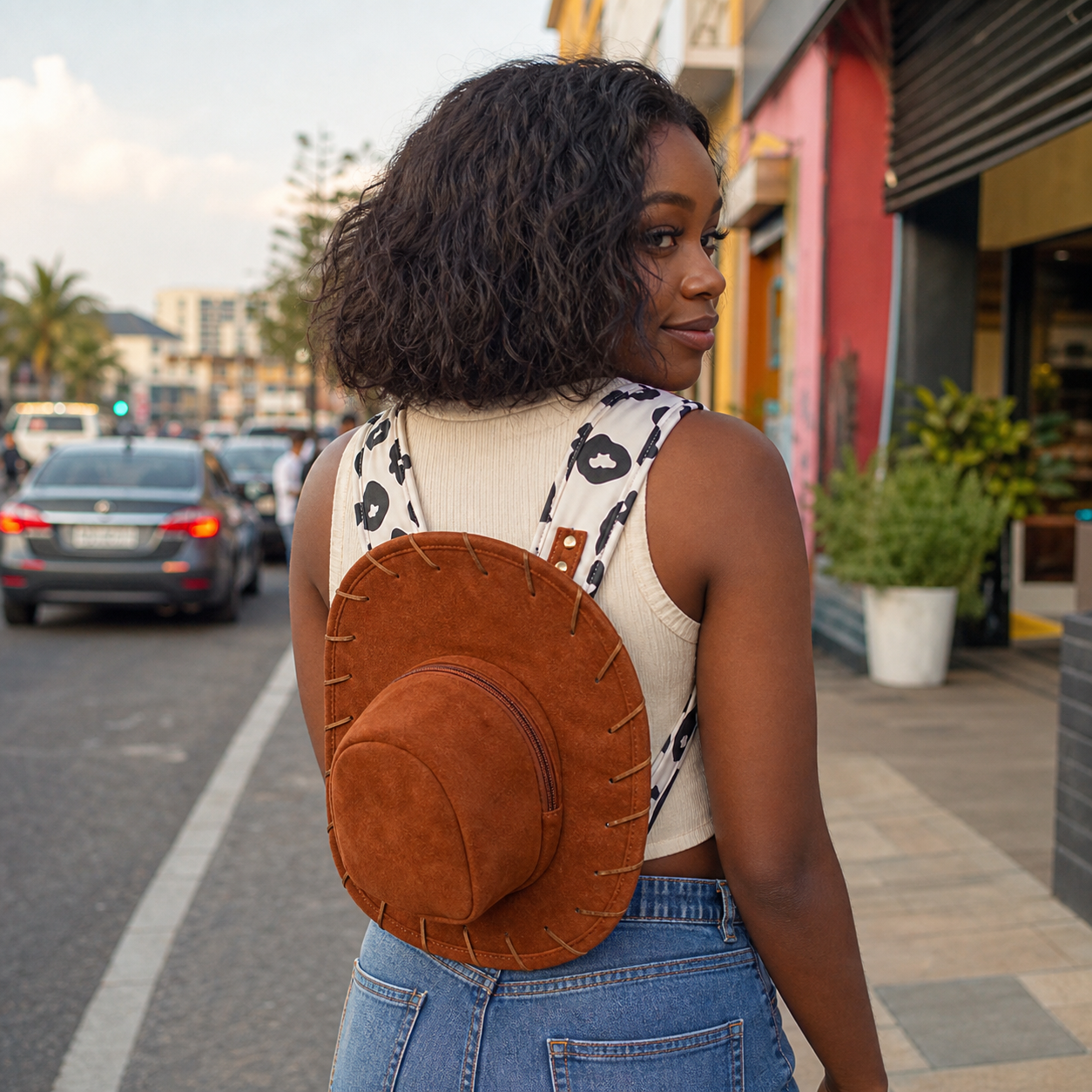 Adult model wearing the Saddlewink cowgirl hat backpack